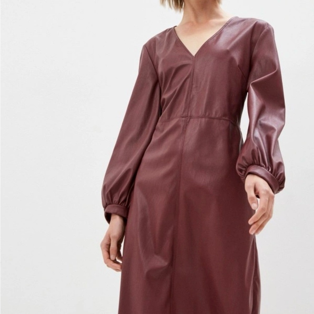 Max & Co. Wine-Red Vegan Leather Long-Sleeve V-Neck Dress